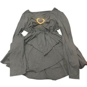 Y2K Polyester Top M Gray Ruched Heart Buckle Layered Hem Handkerchief